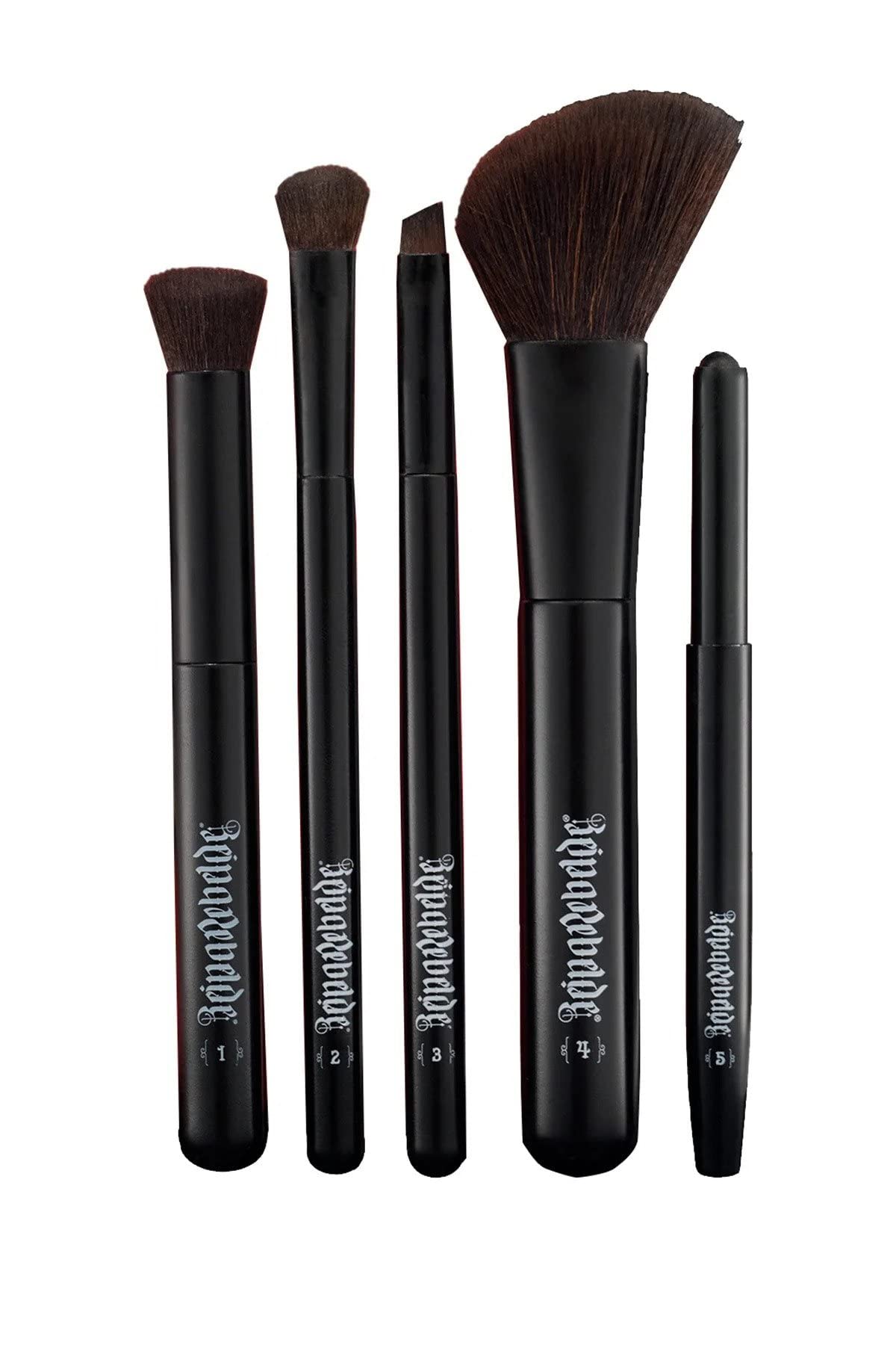 Reina Rebelde Las Brochas - 5 Short Handle Makeup Brush Set/Fibers Designed to Enhance Pick Up, Place, Blend Out Beautifully/Contour, Dome, Eyeliner Eyebrow, Blush/Highlight, Retractable Lip