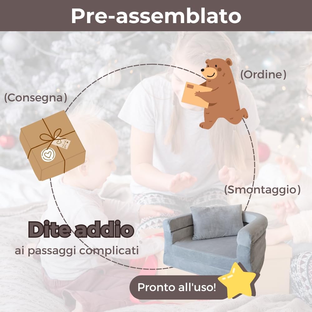 Divano in Schiuma per Bambini con Coperta & Cuscino, Divano Convertibile 3-in-1 Preassemblato per Piccoli, Poltrona Pieghevole da Interno & Letto da Pavimento Apribile per Ragazzi & Ragazze (Grigio)