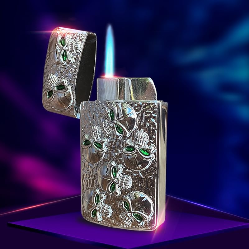 Encendedor de butano de metal con calavera plateada, recargable y ajustable, soplete de llama a prueba de viento, fresco, velas de barbacoa al aire