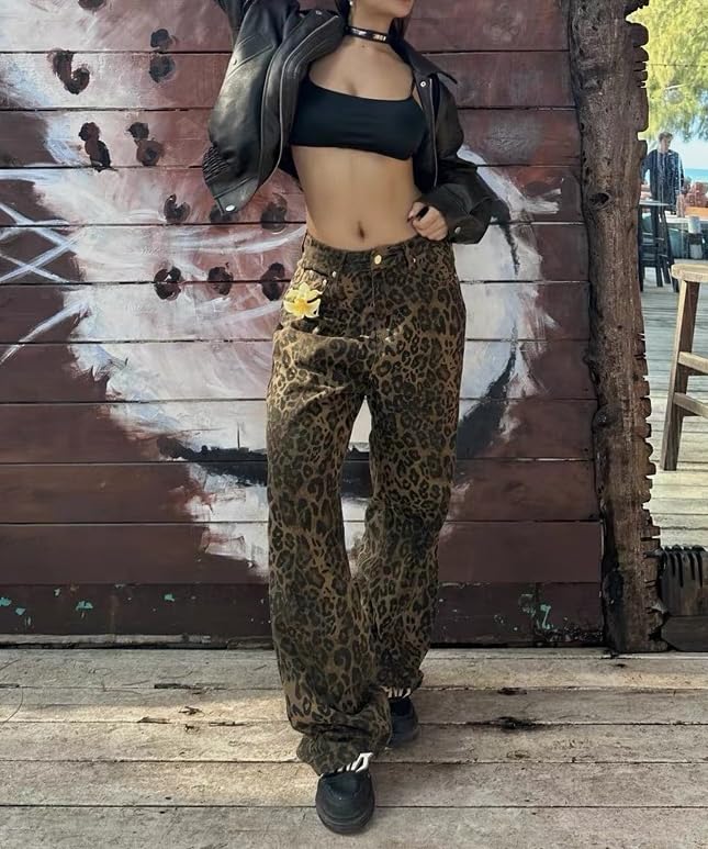 Y2K Leopard Jeans for Women - Baggy Unisex Cheetah Print Straight Leg Denim with Pockets, Casual Streetwear4