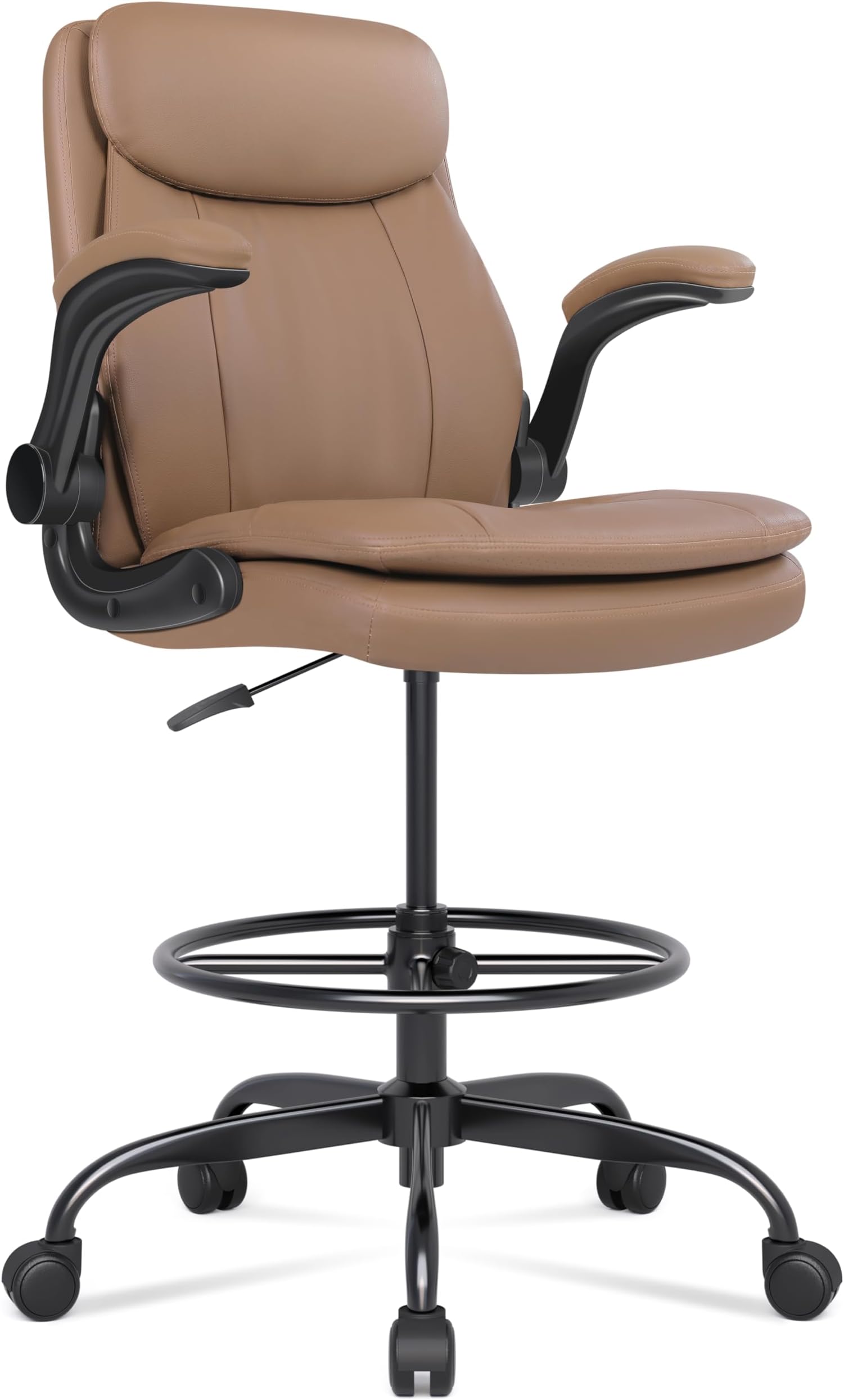 Misolant Tall Office Drafting Chair, Executive Chair with Adjustable Height, Flip-up Armrest, Leather, Brown, Classic Style, Standing Desk Chair
