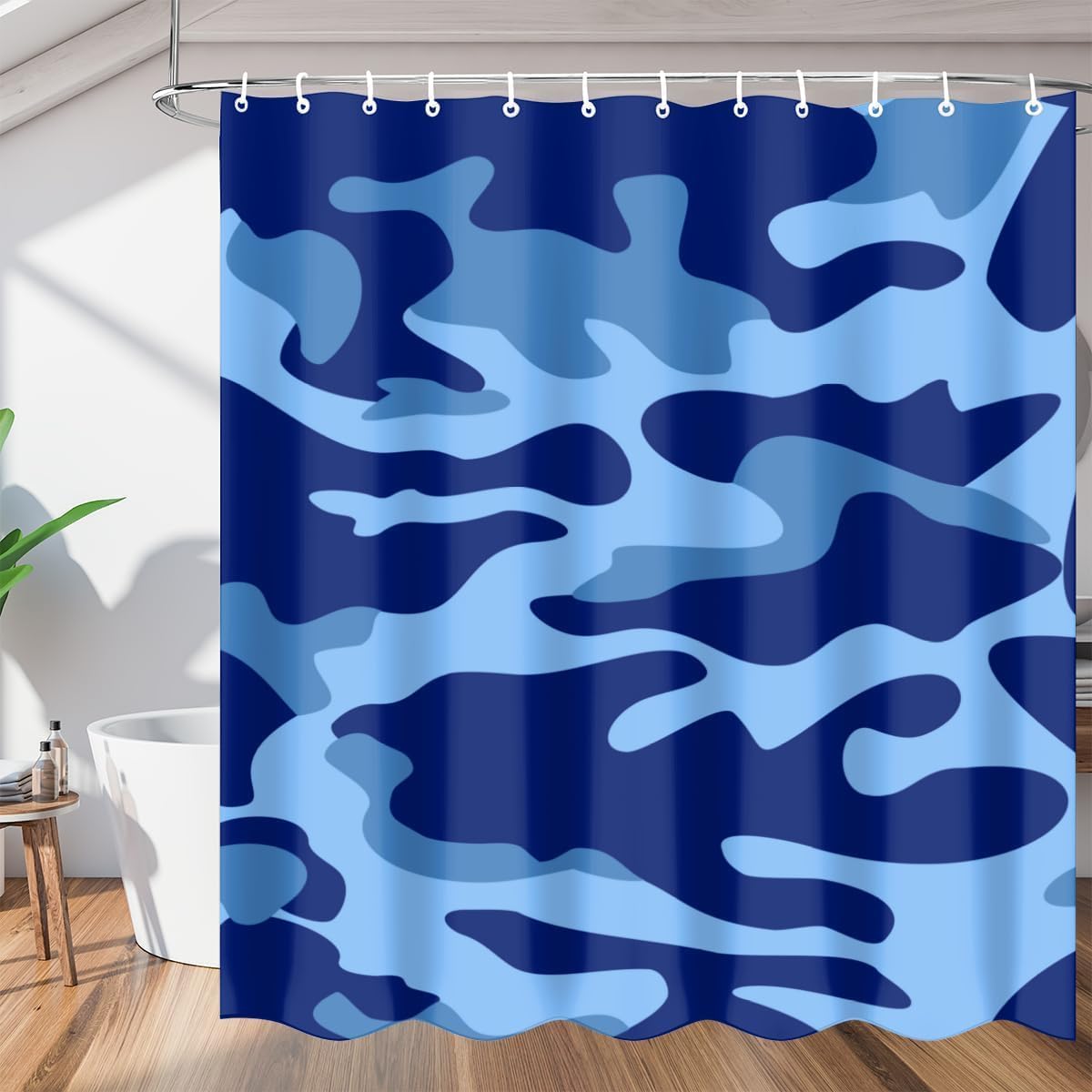 Navy Blue Camouflage Shower Curtain 90 x 180 cm, 3D Shower Curtains Camouflage Navy Blue Mould Proof Resistant Fabric Bath Curtain, Waterproof Washable Bathroom Curtains with 8 Hooks b1032