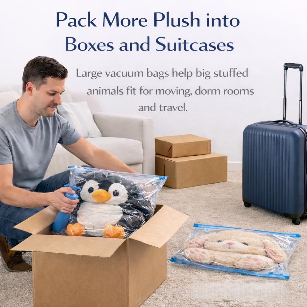 vacuum seal bags for stuffed animals with pump – 39x51 & 31x39 Inch Jumbo & XL Reusable Vacuum Storage Bags, Space Saver Bags for Big Plush Animals in Kids Bedrooms and Moving, 2 Jumbo + 2 XL