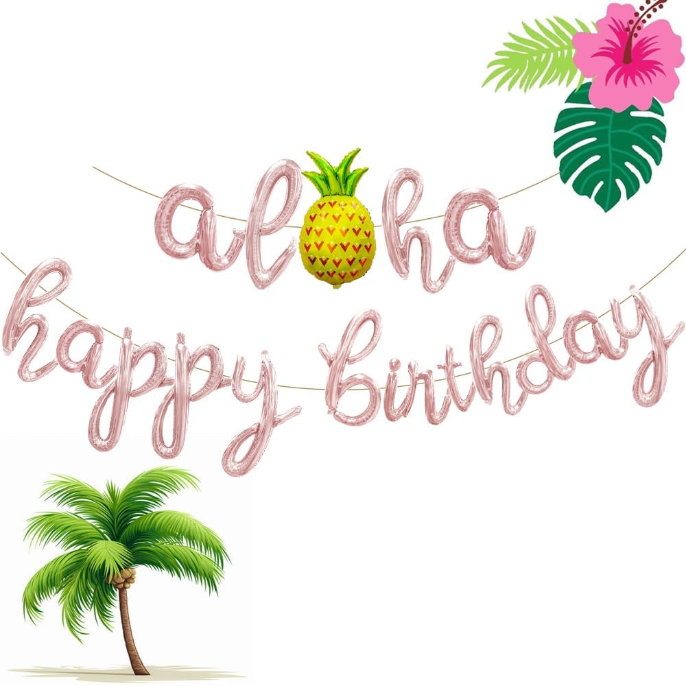 Aloha Happy Birthday Script/Cursive Rose Gold Letter Balloons, 18 Inch Hawaiian Luau Birthday Party Decorations Supplies with Pineapple Foil Balloon Banner for Beach Tropical Flamingo Pool Party Favor