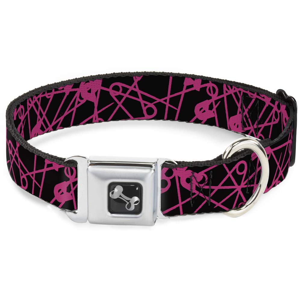 Buckle-Down Klamra pasa bezpieczeństwa obroża dla psa - agrafki czarne/fuksja - szerokość 3,8 cm - pasuje na szyję 33-45 cm - S