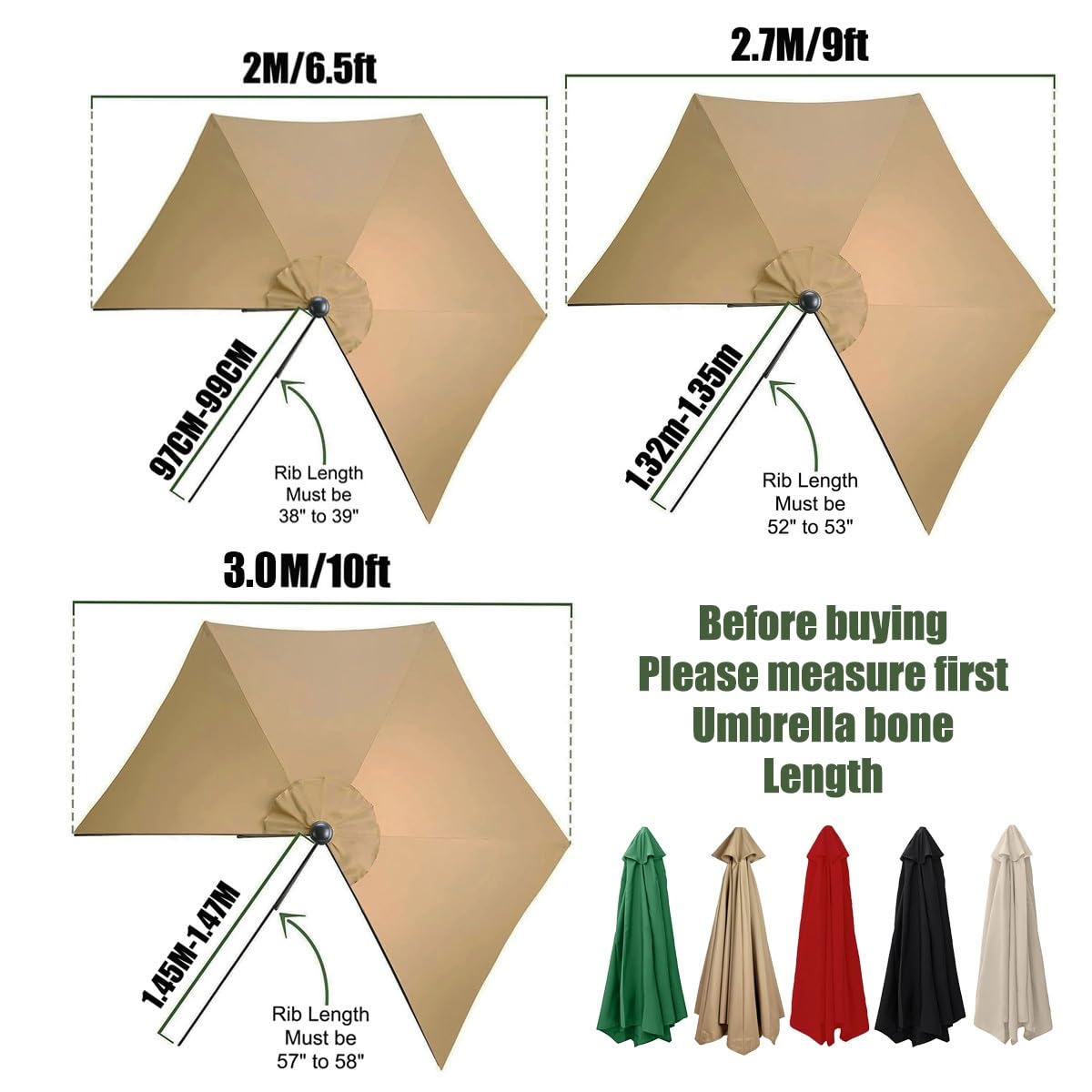 Telo Di Ricambio Per Ombrellone In Poliestere 270cm/300cm – Adatto A 6 O 8 Stecche, Impermeabile E Traspirante, Verde (Solo Baldacchino)