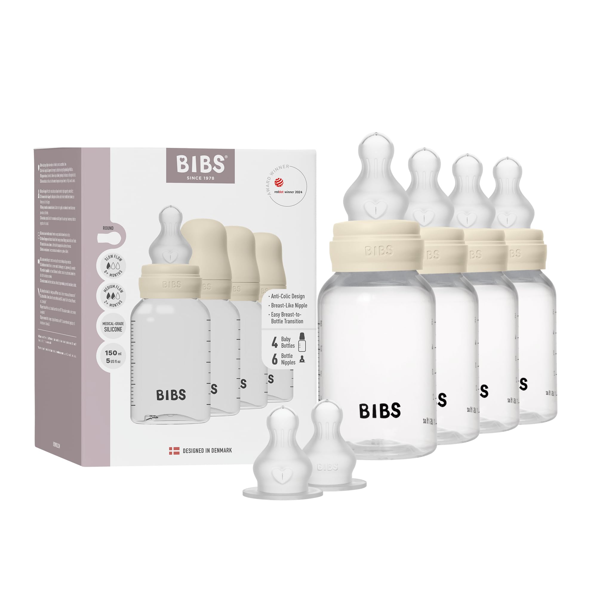 BIBS Baby Plastic Bottle 4-Pack 150ml. Anti-Colic. Round Silicone Teat. Supports Natural Breastfeeding, Complete Set