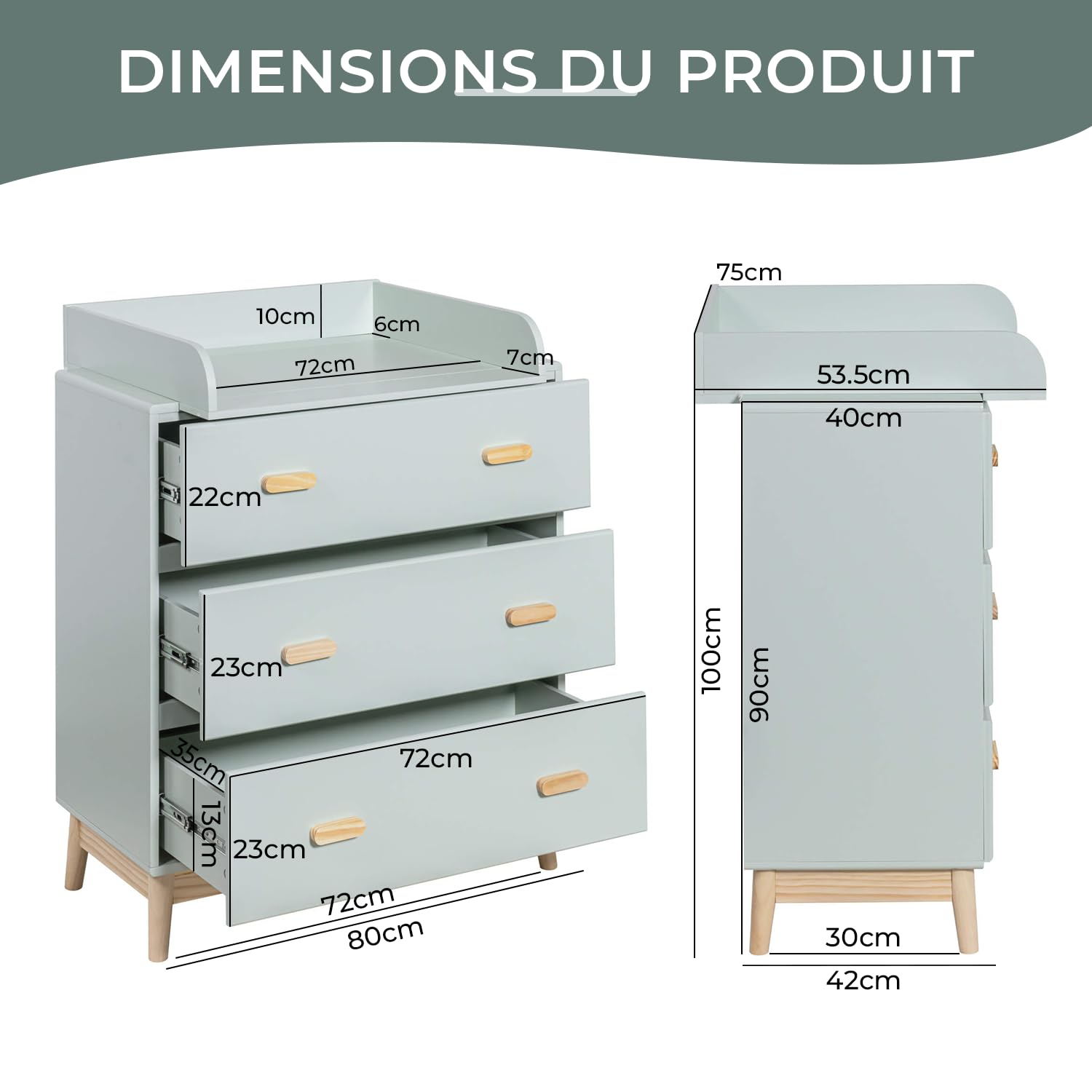 Rebecca Mobili Meuble avec Table à Langer, Commode Table à Langer, Vert Eau Marron, Pin MDF, Compact, avec Table à Langer Amovible - Dimensions HxLxP: 100 x 80 x 42 cm - Art. RE6985
