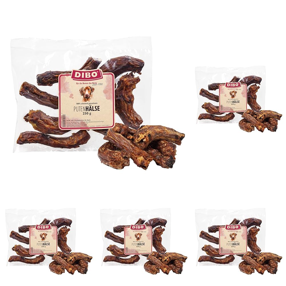 DIBO Puten-Hälse, 250g-Beutel,der kleine Naturkau-Snack oder Leckerli für Zwischendurch, Hundefutter, Qualitätskauartikel ohne Chemie (Packung mit 5)