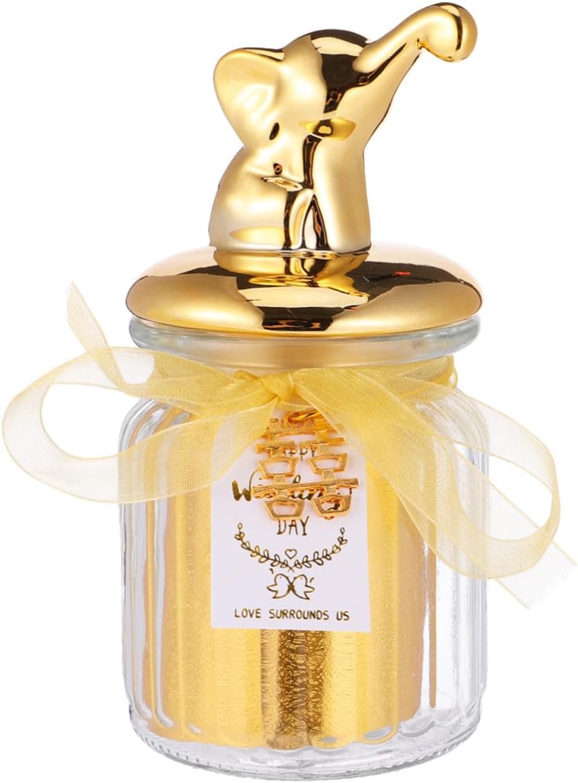 CALLARON Glass Candy Jar with Gold-plated Sealed Ceramic Lid, Small Elephant Design, Wedding Favor Storage Bottle for Snacks and Candy Display