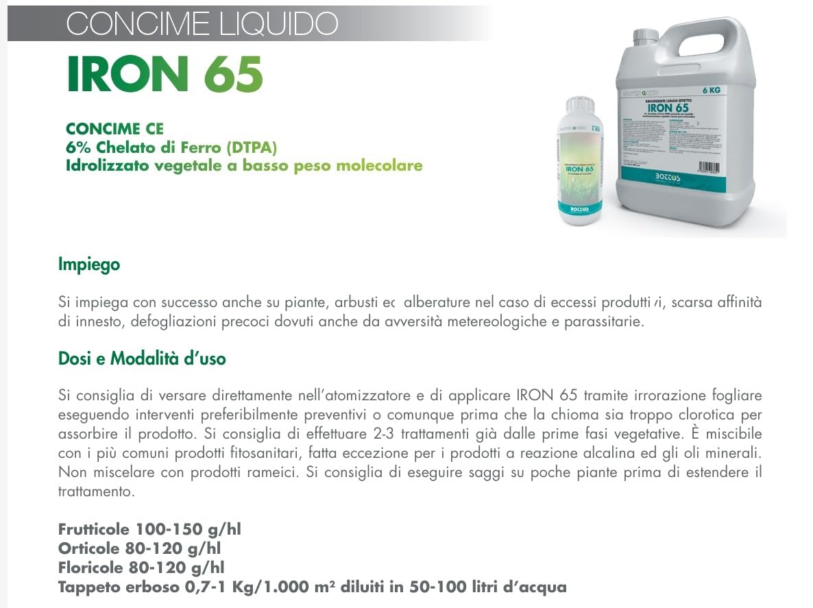 Bottos IRON 65 Concime Fertilizzante Liquido Rinverdente per Prato,Verde Intenso in 24 Ore,Effetto Lunga Durata, 1 kg