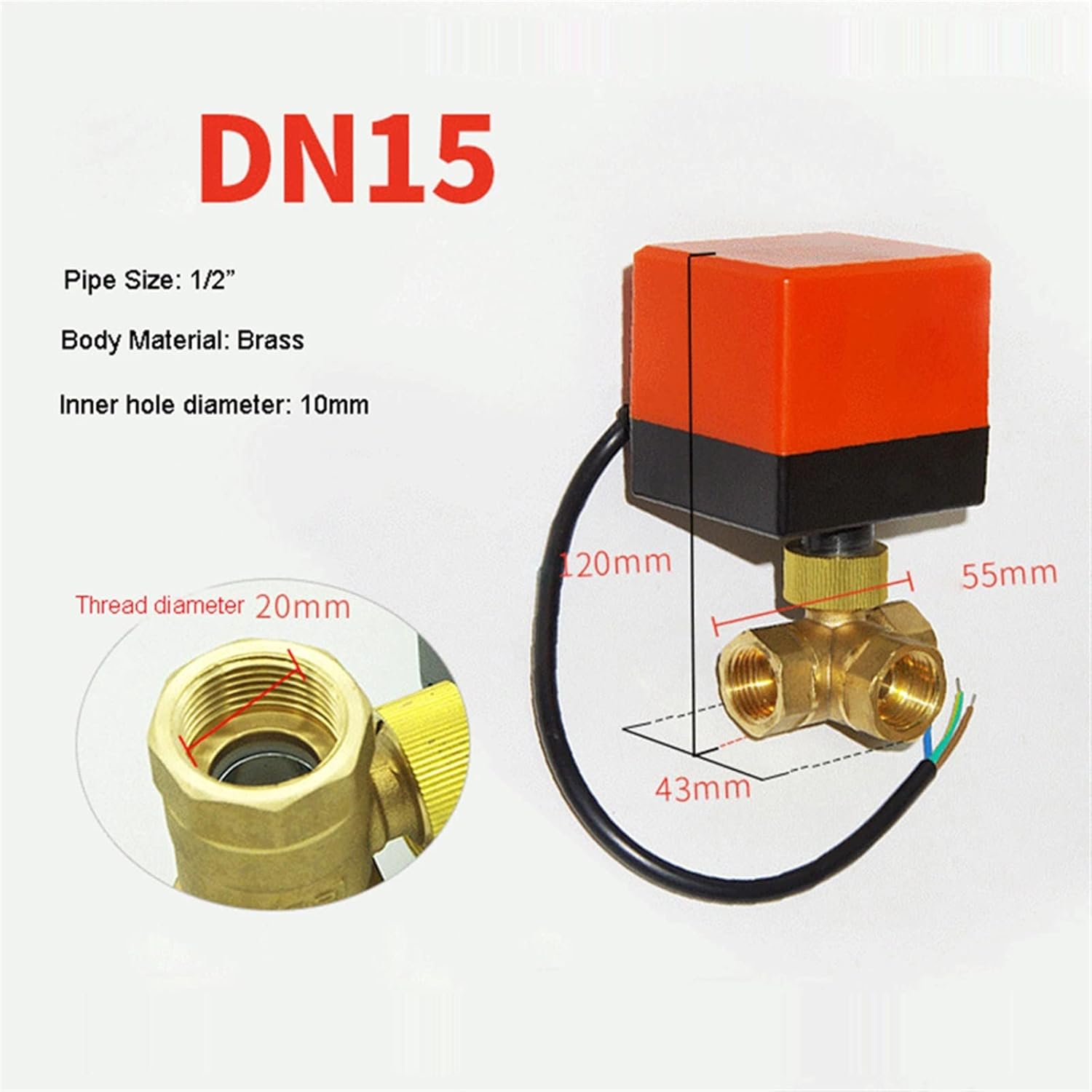 DN15 DN20 DN25 DN40 3 Ways Motorized Ball Valve 220V 12V 24V 3-Wire 2 Control Durable Brass Electric Ball Valve 1Pcs(DN20,AC220V)