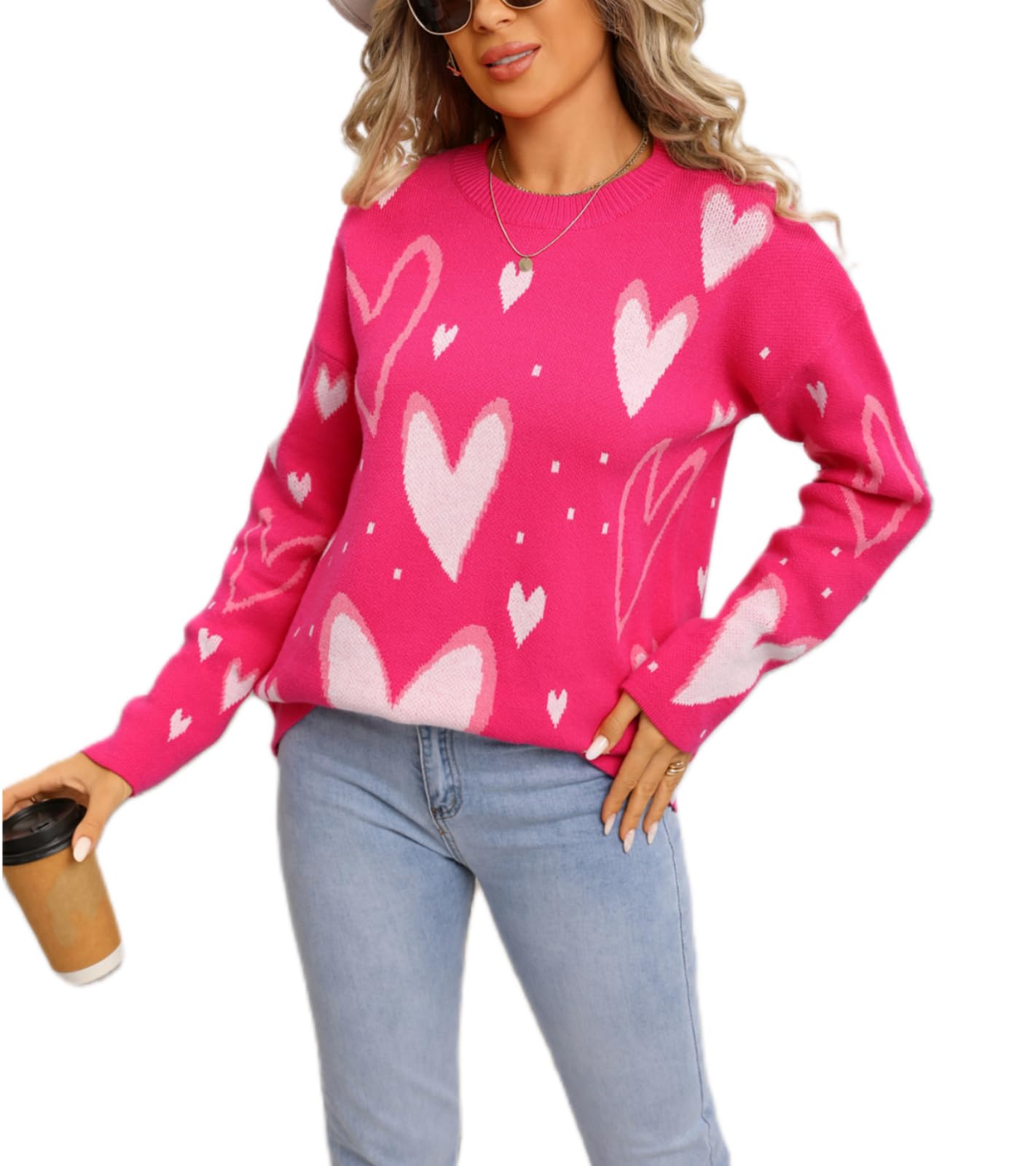 Heart Sweater for Women Valentine Crew Neck Long Sleeve Knit Pullover Top Kawaii Cute Heart Sweatshirt