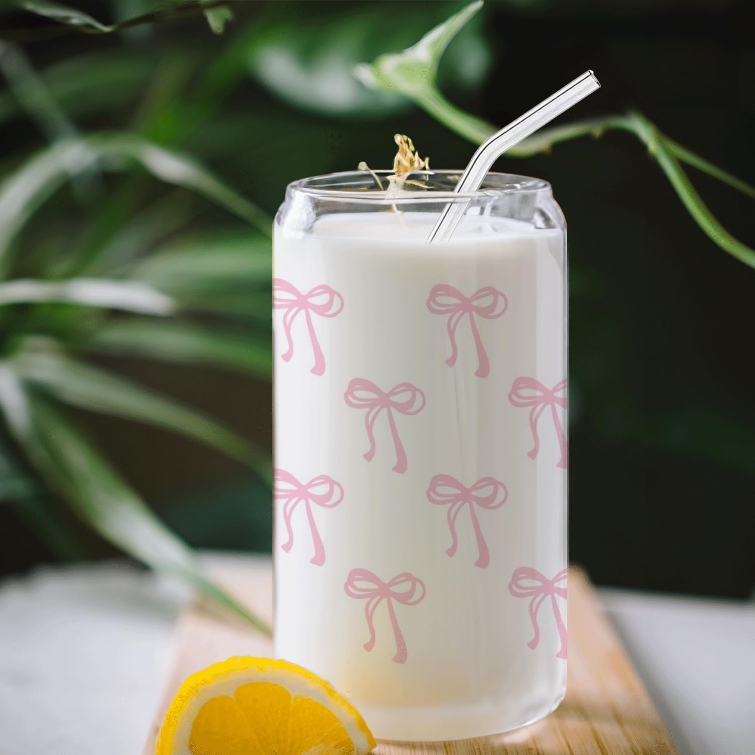 Süße Eiskaffeetasse Mit Buchschleifen-Design – 473 Ml Glasbecher In Rosa Mit Deckel & Strohhalm – Perfektes Geschenk Für Mädchen, Frauen, Freundinnen