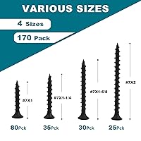 Vista 2 de Kit surtido de tornillos para paneles de yeso, 170 tornillos de madera negra, puntas Phillips, juego de tornillos de hoja de rosca gruesa, tornillos