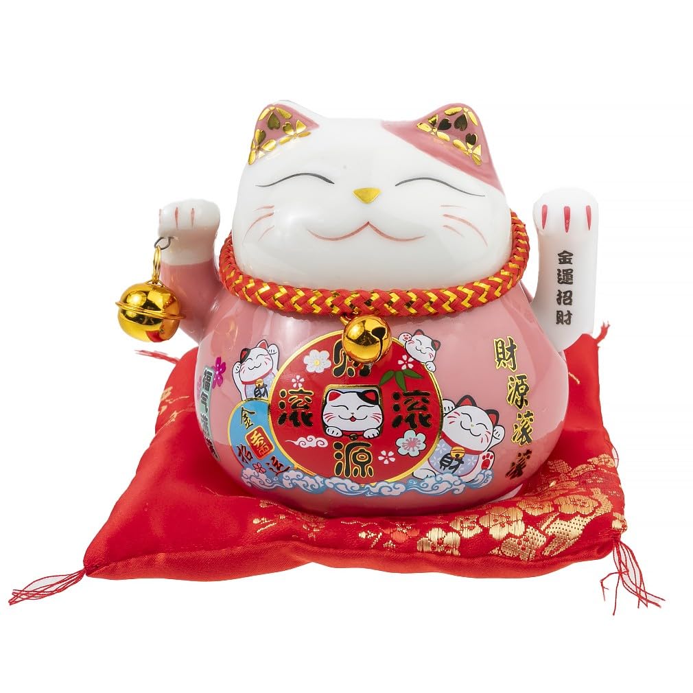 lachineuse - Maneki Neko Cat Figurine - Fortune Symbol - Movable Arm - Traditional Japanese Good Luck Charm - 10 x 12 x 10 cm - Porcelain, Pink - LR03 Battery Not Included
