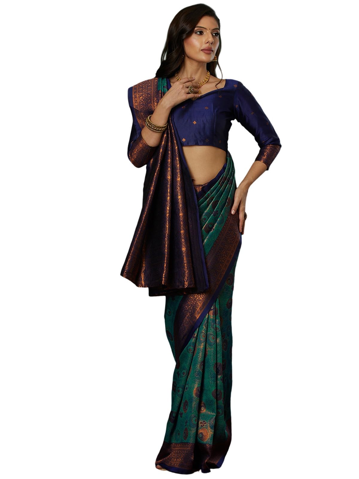 Satrani Women's Silk Blend Weaving Banarasi Saree With Unstitched Blouse Piece (4120S2901N_Teal Green1)