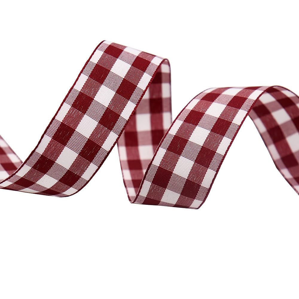 Tartan Ribbon, 25mm x 9M Black Watch for Christmas Valentine's Day Scene Decoration(Wine Red and White)