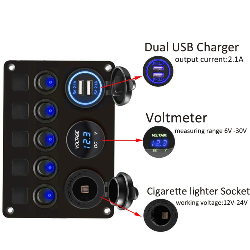 ETOPARS Pannello Interruttori a Bilanciere Impermeabile Interruttore a Levetta Blu Voltometro 4.2A Caricatore Doppio USB Accendisigari 12V 24V Auto