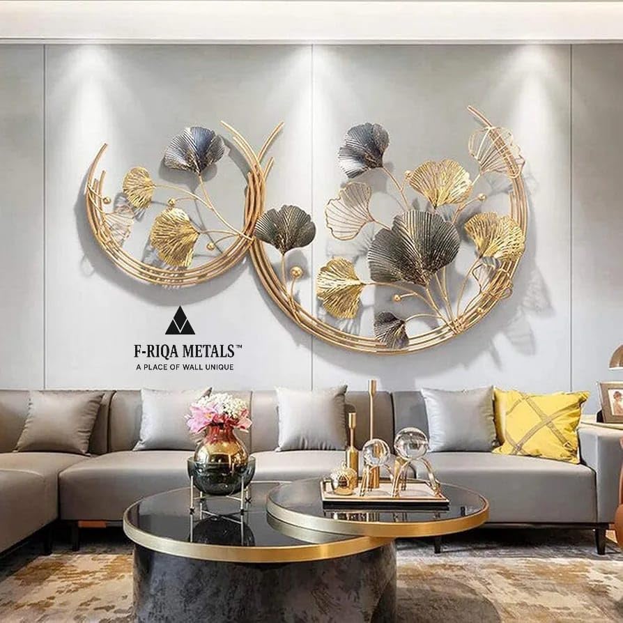 Image of F-RIQA METAL Luxury Half Moon 3D Metal Wall Art | Golden & Silver Leaf Design Wall Hanging | Modern Decorative Wall Sculpture for Living Room, Dining Room & Bedroom Decor