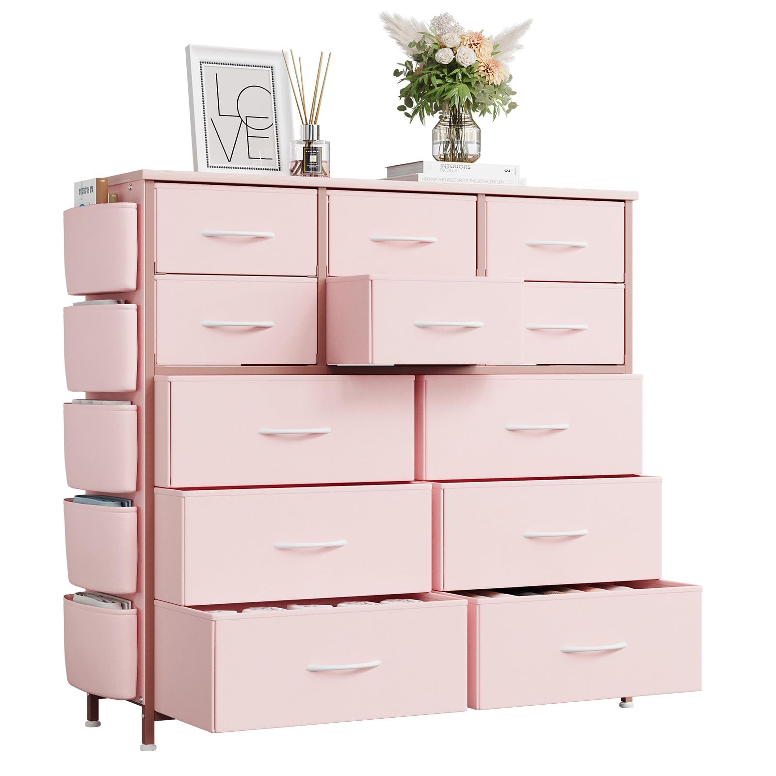 AffinityFurn Dresser for Bedroom with 12 Drawers, White Chest of Drawers with Side Pockets and Hooks, Clothes Storage Fabric Drawers with Steel Frame Easy to Assemble, for Bedroom, Living Room, Pink