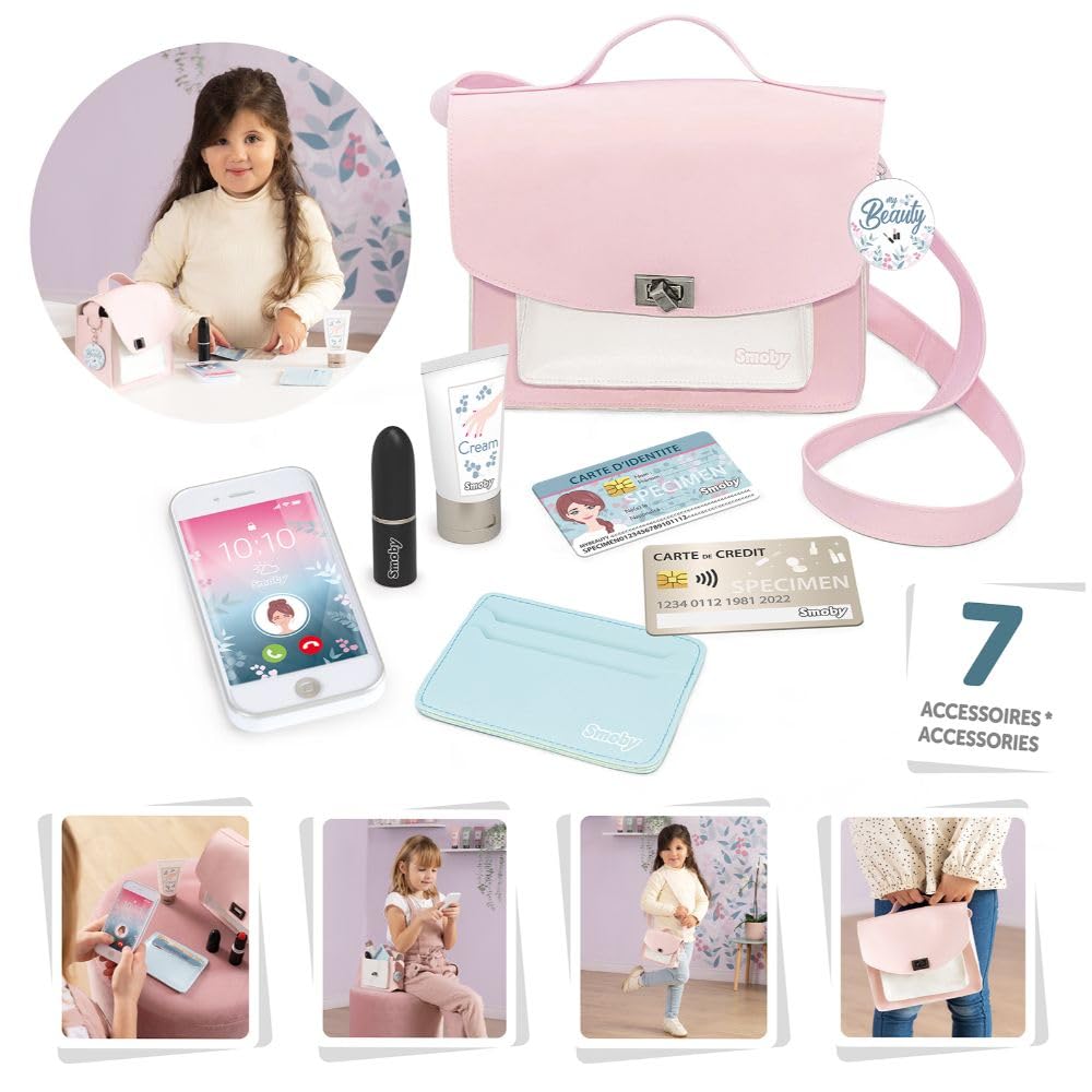 Smoby - My Beauty Bag - Beauty Bag - 7 Accessori - Trucco Finto - Borsa e Porta Carte - Facilmente Trasportabile - dai 3 Anni