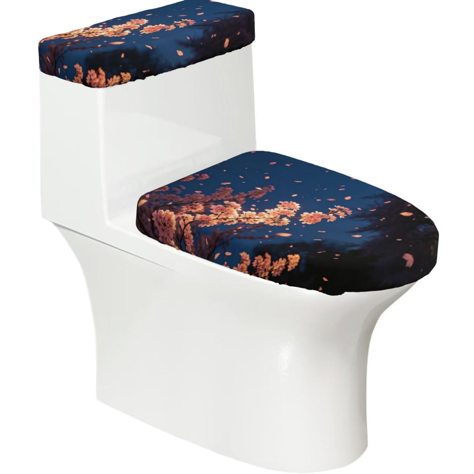 Cntdbu Black Night Cherry Art Stretchy Toilet Lid And Tank Cover Set-Soft Elastic Bathroom Decor For U Shape Oval