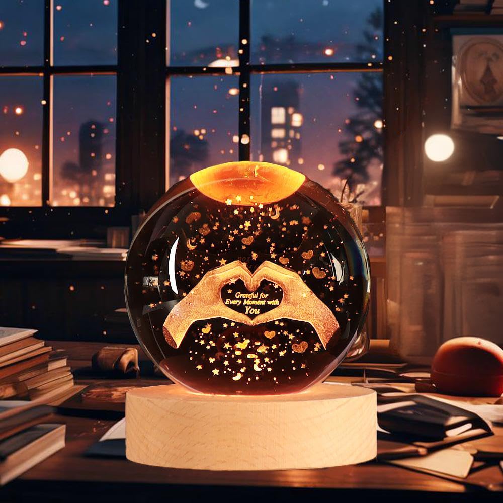 Shellvcase 3 15In Crystal Heart Sign Ball Lamp with Wooden Base 3D Crystal Ball Night Light 16 Colors