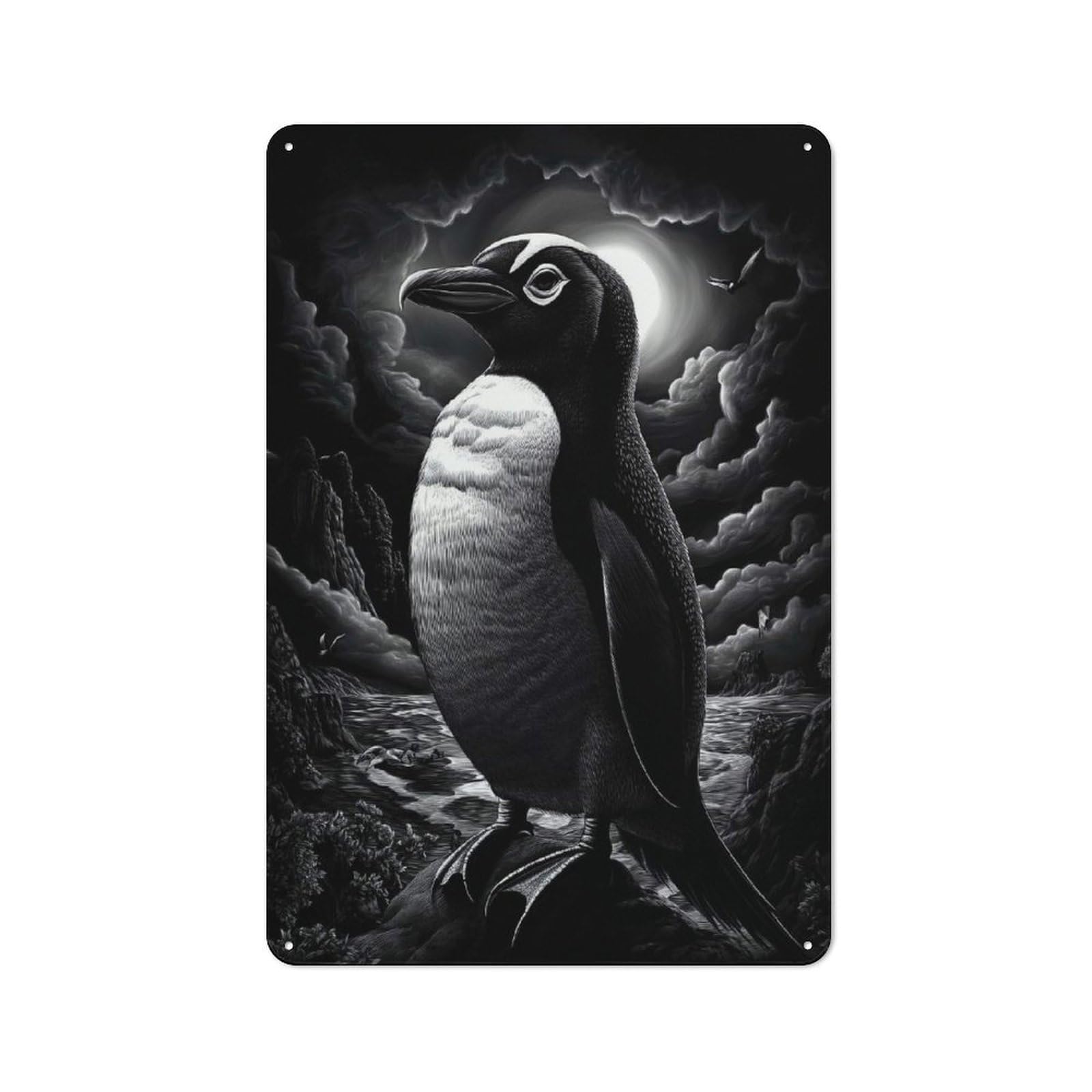 Junmoney Style-24 Retro-Style Tin Sign 30X20cm Featuring Penguin Under Moonlight For Hallway Wall, For Garage, Workshop And Man Cave Decoration