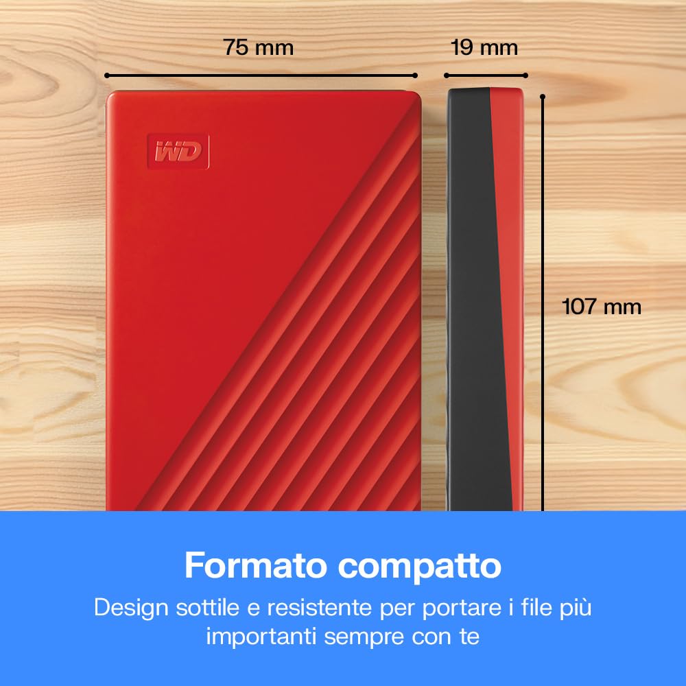 WD 4TB My Passport Hard Disk Esterno Portatile, USB 3.2 Gen 1/USB 3.0, Protezion con password, Software per la gestion e il backup, Formatto per Windows, ChromeOS and MacOS, Rosso