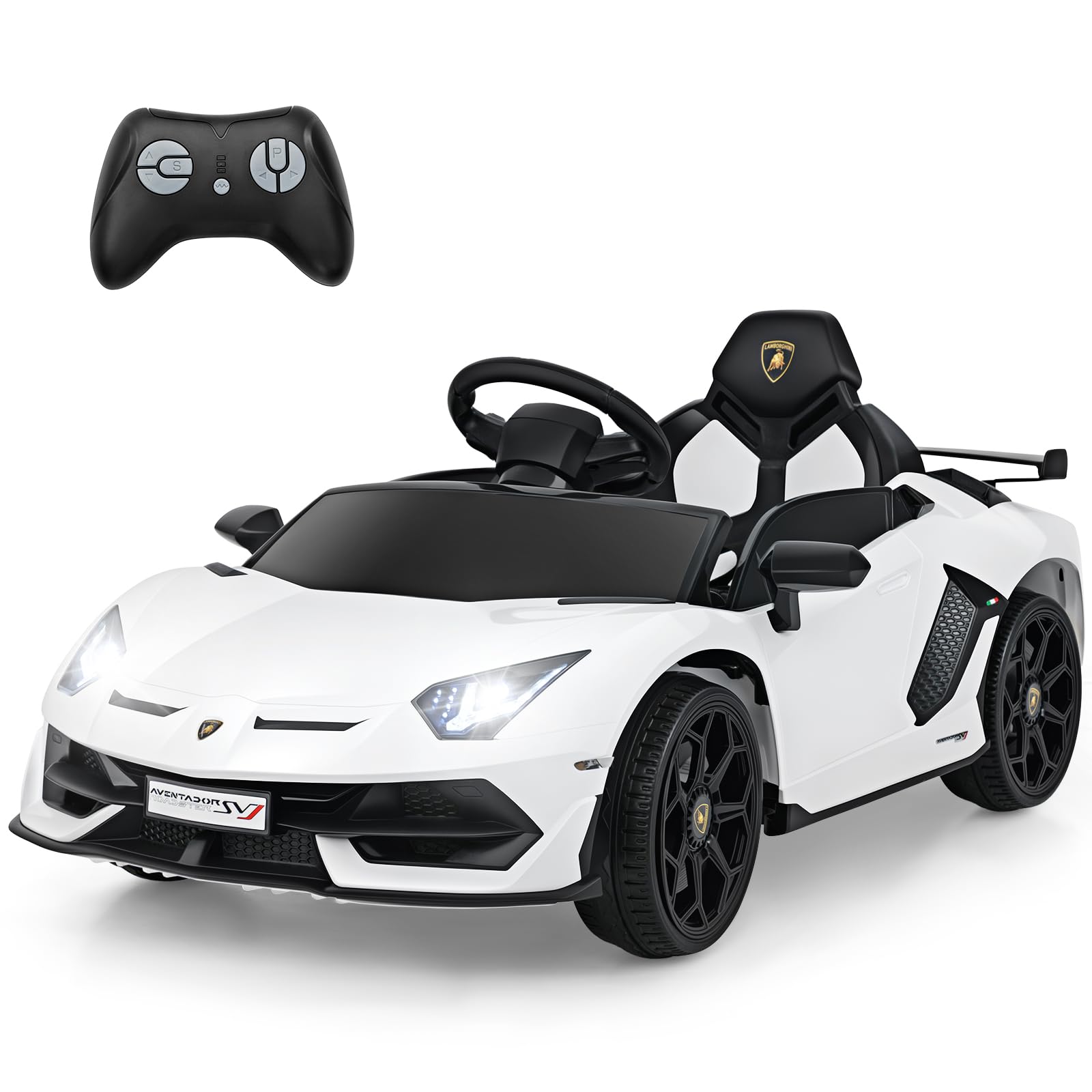 COSTWAY 12V Kids Electric Ride on Car with Remote Control, LED Lights, MP3, Music, Hydraulic Doors, 2 Motors Licensed Lamborghini Battery Powered Toy Vehicle for Boys Girls (White)