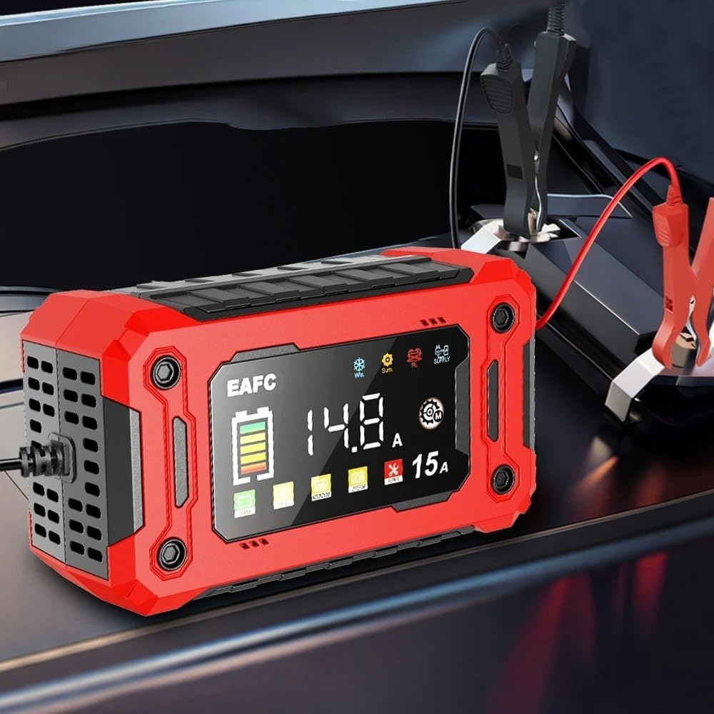 Cargador de batería Inteligente para Coche de 12 V 15 A, 4Ah-300Ah, con reparación por pulsos, Arranque automático, Cargador rápido para baterías de Plomo-ácido para Motocicletas y Camiones.