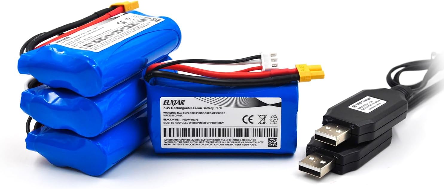(4-Pack) 7.4V 1500mAh Li-ion Battery with XT30 Adapter for Jumper T18 Pro Transmitter, Huina 580 550 583 582 Excavator, CAT D330, WLtoys RC Cars, Truck, Truggy, Airplane