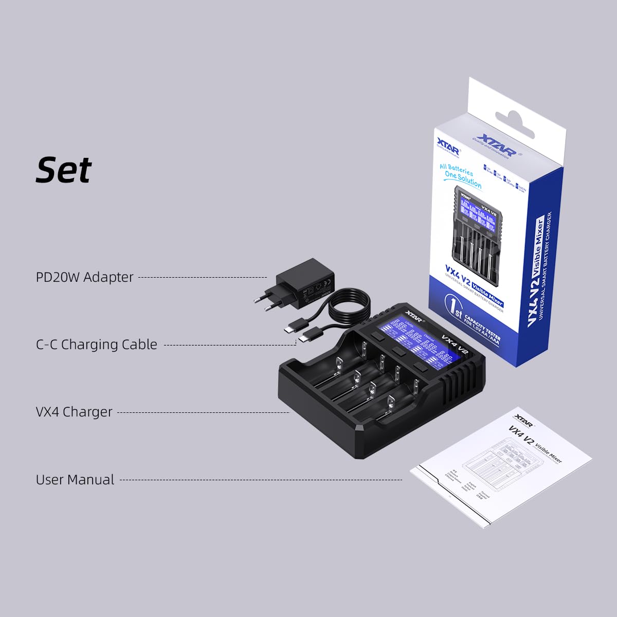 Xtar VX4 Mélangeur Visible 1,5 V/3,6 V/3,7 V Li-ION 3,2 V LiFePO4 Batteries NI-MH 1,2 V Chargeur et testeur de capacité de la Batterie, Le Premier testeur de capacité pour Batteries au Lithium