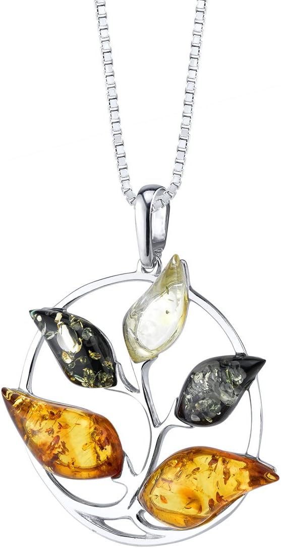 PEORA Genuine Baltic Amber Autumn Tree of Life Pendant Necklace for Women 925 Sterling Silver, Rich Multiple Colors, with 18 inch Chain