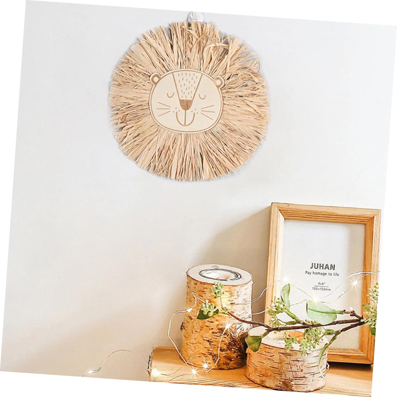 Veemoon Nordische Wanddekoration aus Bast mit Handgewebtem Löwenkopf 2 Stück Raffia Wandornament für Wohnzimmer und Schlafzimmer Skandinavischer Stil