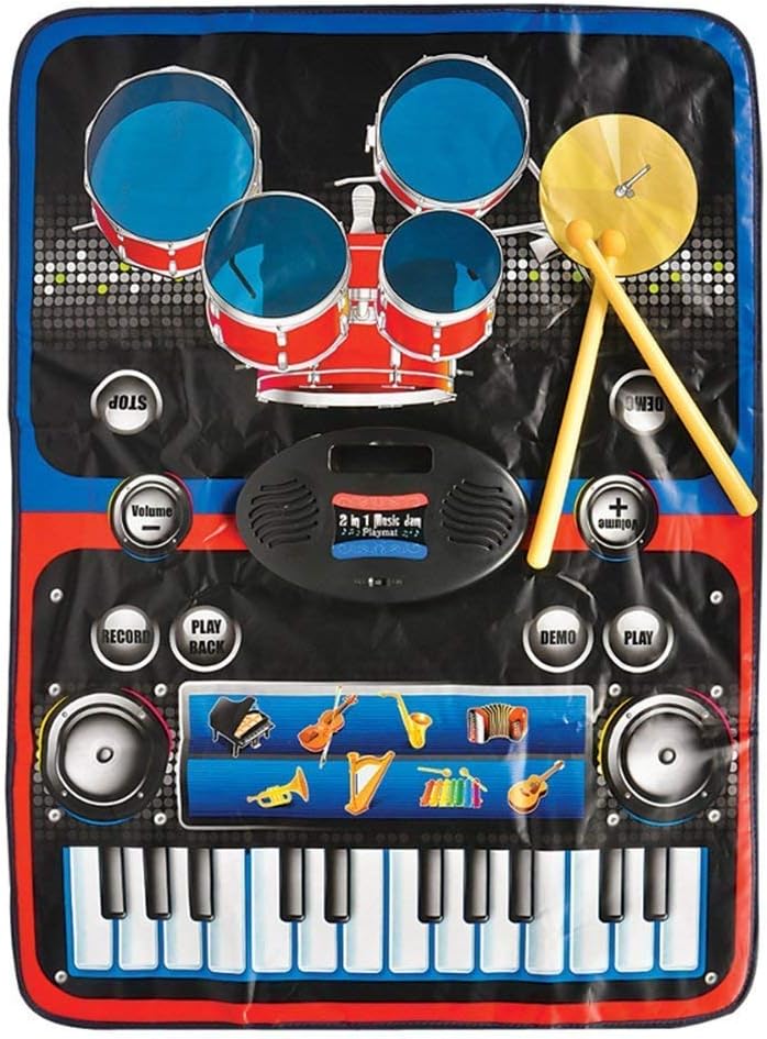 2-in-1 Functional Drum & Piano Fordable Music Play Mat - 5 Pieces Drum, 2 Drum Sticks, 14 Demos, 24 Key Piano Keyboard-8 Different Recordable Musical Instruments, Powerful Speakers (2-1 Musical Jam)