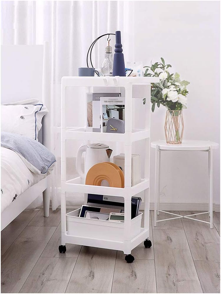 Medical Trolley Cart Assembled Trolley Mobile Rack Laboratory Trolley 4-Layer ABS Multi-Function Trolley Beauty Salon Trolley Optional 2 Hanging Storage Boxes (White)