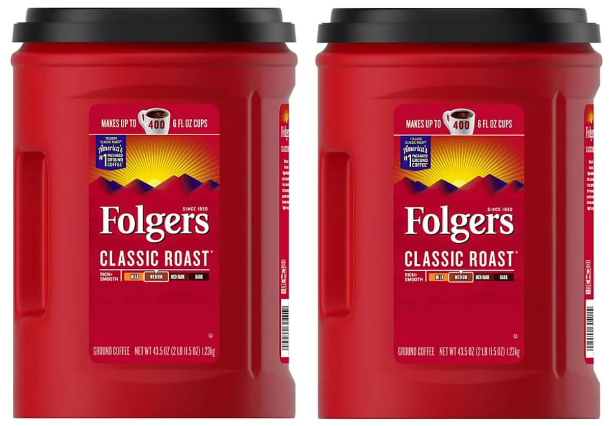 Folgers Classic Roast Ground Coffee Medium Roast, 43.5 oz Can - 2 Pack, Kosher Certified Bulk Value