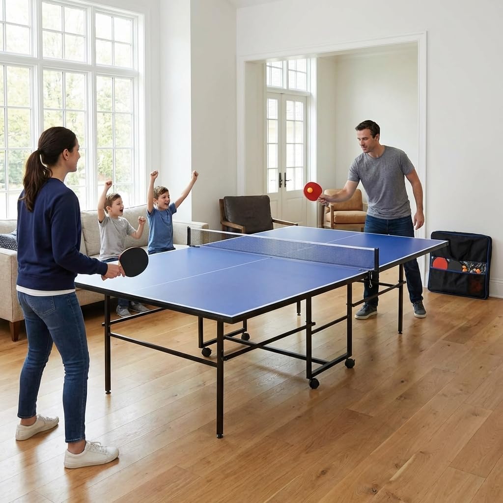 9ft Mid-Size Table Tennis Table, Foldable Portable Ping Pong Table Set with Net, 2 Paddles and 3 Balls for Indoor, Compact Design with Smooth Bounce Surface