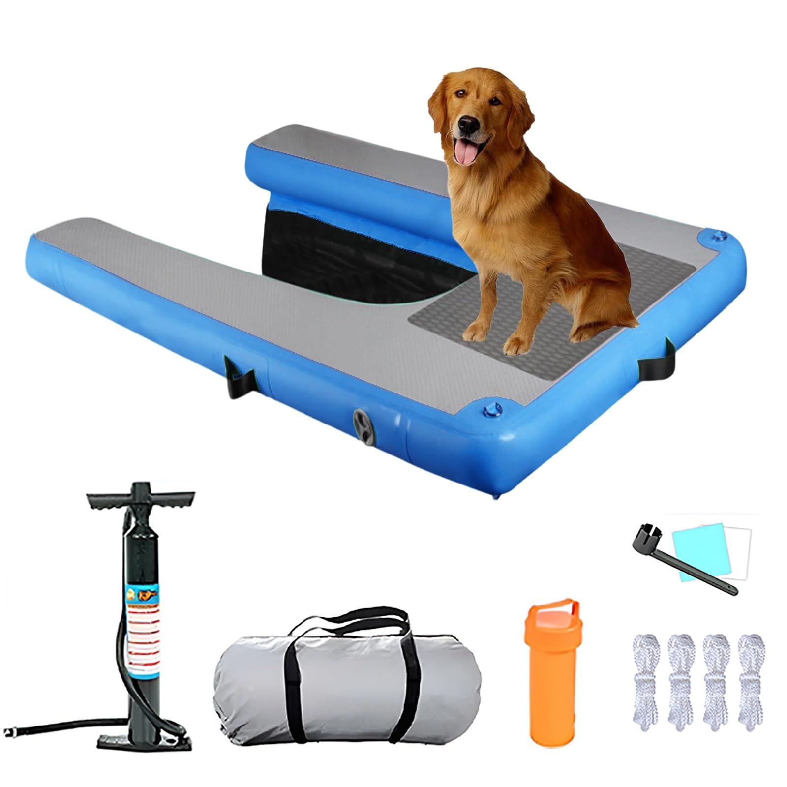 ERRULAN Large Inflatable Floating Dog Water Ramp for Dogs Up to 250LBS, Heavy Duty Dog Float Dock Platform, Puncture-Resistant Dogs Boat Ladder for Small/Medium/Large Dogs(Blue)