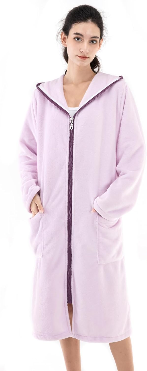 COSUSKET Women's Bathrobe, Zipper Sleepwear Nightgowns Fleece Long Sleeve Zip up Hooded Robes with Pockets House Coat