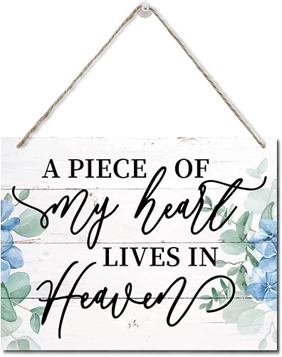 Letrero vintage con texto en inglés "A Piece of My Heart Lives in Heaven", placa de pared impresa para colgar en la pared, detalles colgantes,
