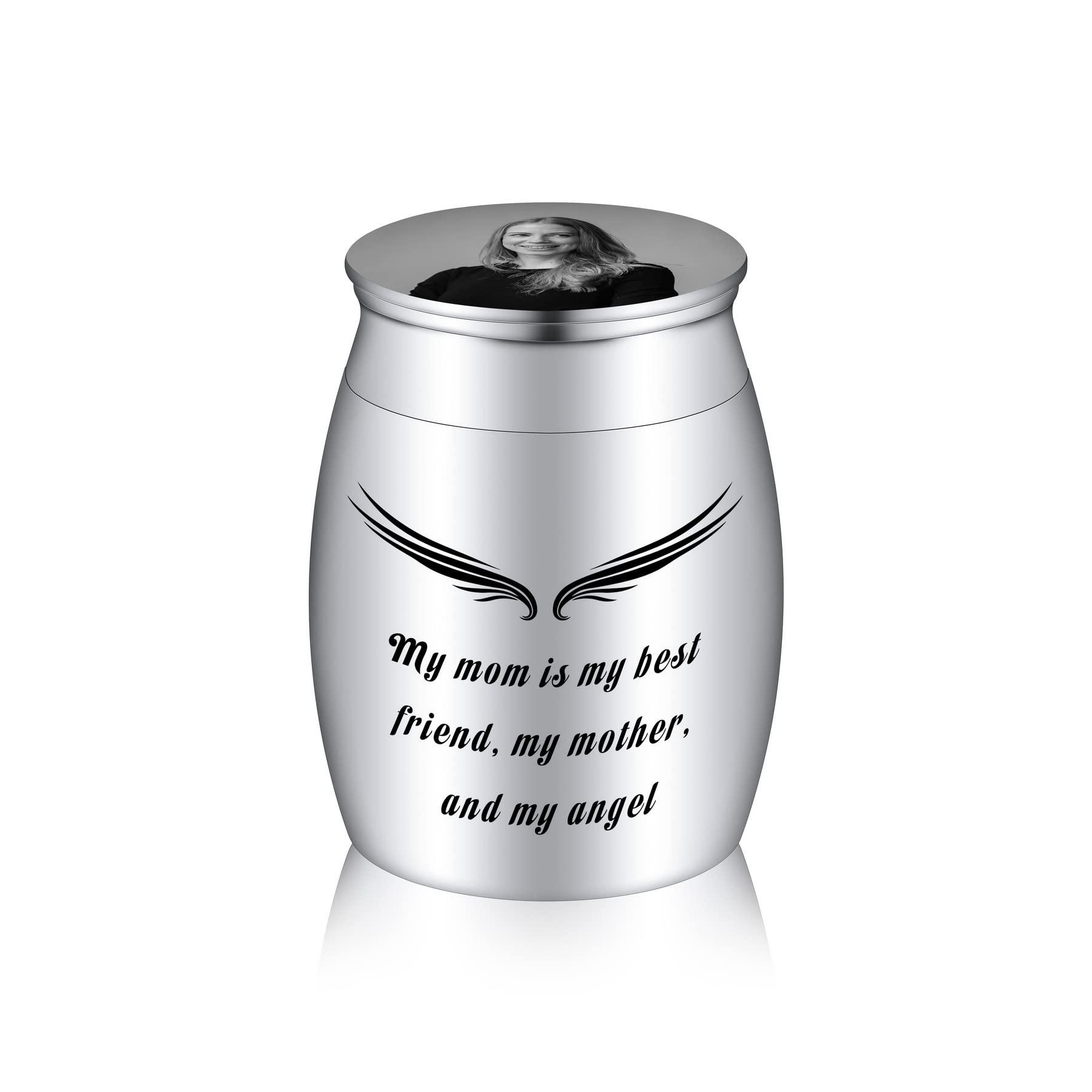 MeMeDIY Small Keepsake Urn for Human Ashes Mini Pet Cremation Urn Personalized Photo Birthstone Memorial Ashes Holder Stainless Steel Decorative Ashes Container (Silver, Black & White Photo, Custom)