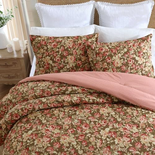 Image of Laura Ashley - Twin Comforter Set, Soft Cotton Bedding with Matching Shams, Floral Home Decor, Oeko-Tex Certified (Bloomsbury Brown, Twin)