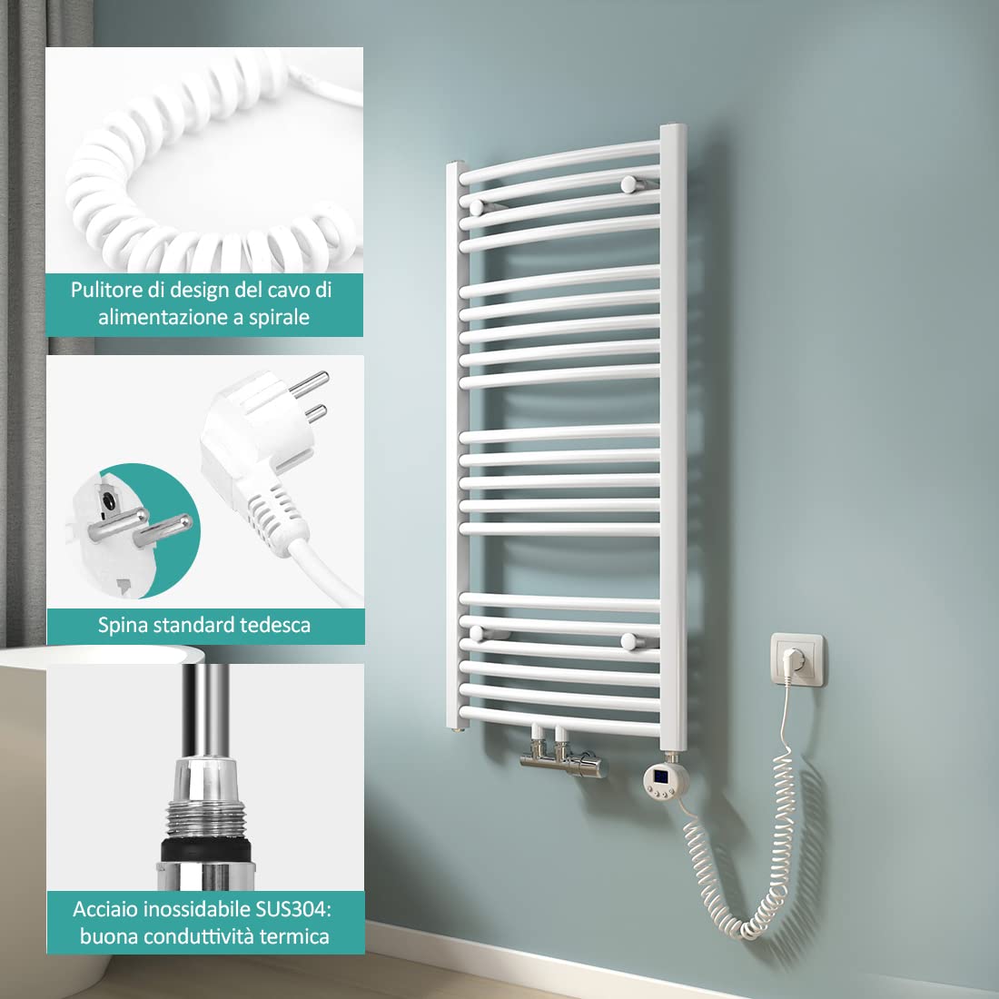 Termostato Scaldasalviette ECD Germany - 900W, Bianco, Acciaio Inox, Con Regolazione Temperatura - Foto 3