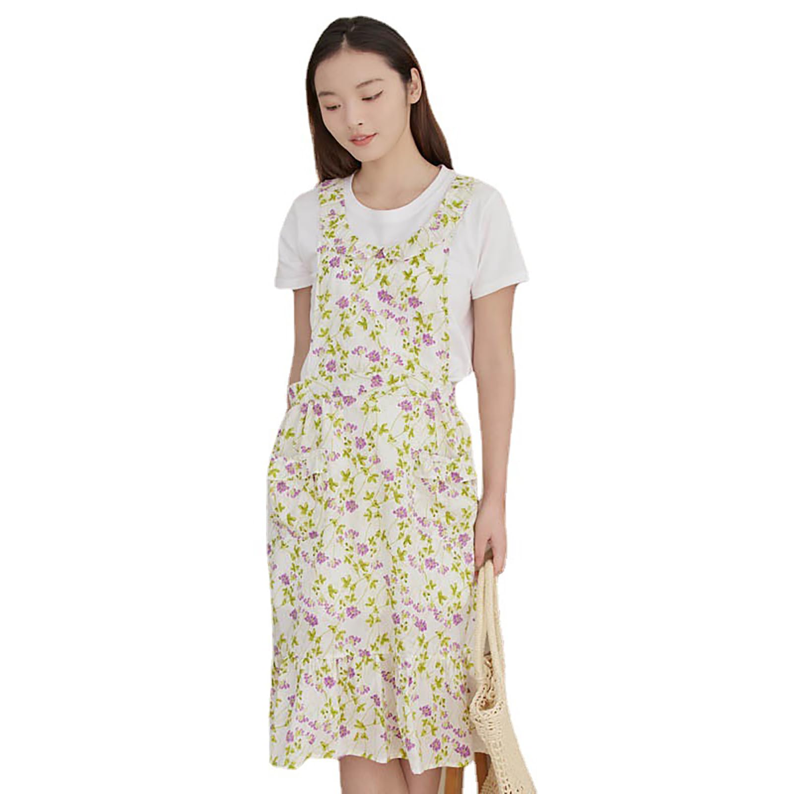 Delantal De Algodón para Mujer, Lindo Delantal Estampado, Delantal De Cocina Ajustable con Espalda Cruzada Y Bolsillos,One Size,White