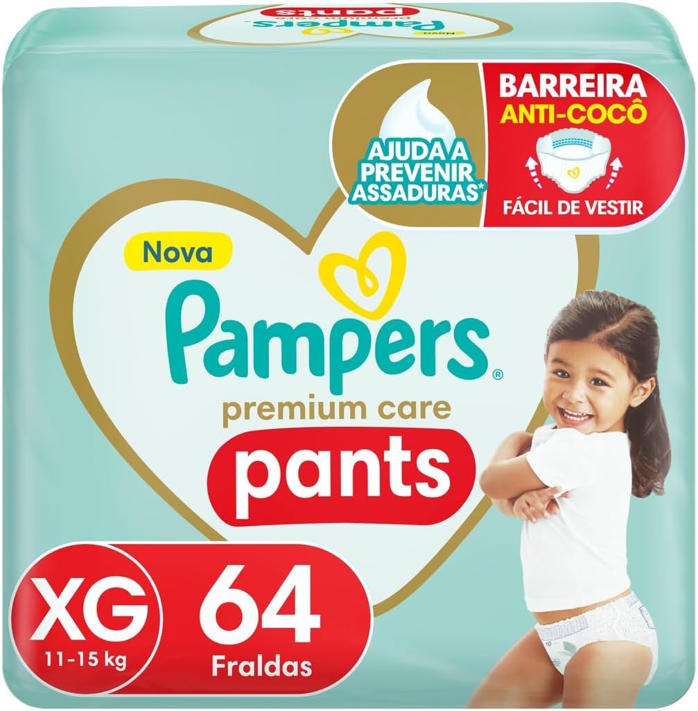 Fralda Pampers Premium Care Pants Tamanho XG, Fácil de Vestir, 64 Unidades