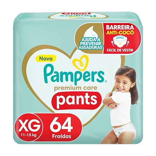Fralda Pampers Premium Care Pants Tamanho XG, Fácil de Vestir, 64 Unidades