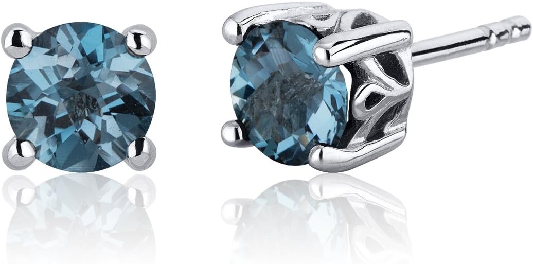 Peora London Blue Topaz Stud Earrings 925 Sterling Silver, Solitaire Scroll Gallery, Natural Gemstone, 2 Carats Total, Round Shape 6mm, Friction Backs, December Birthstone Earrings, Blue Studs